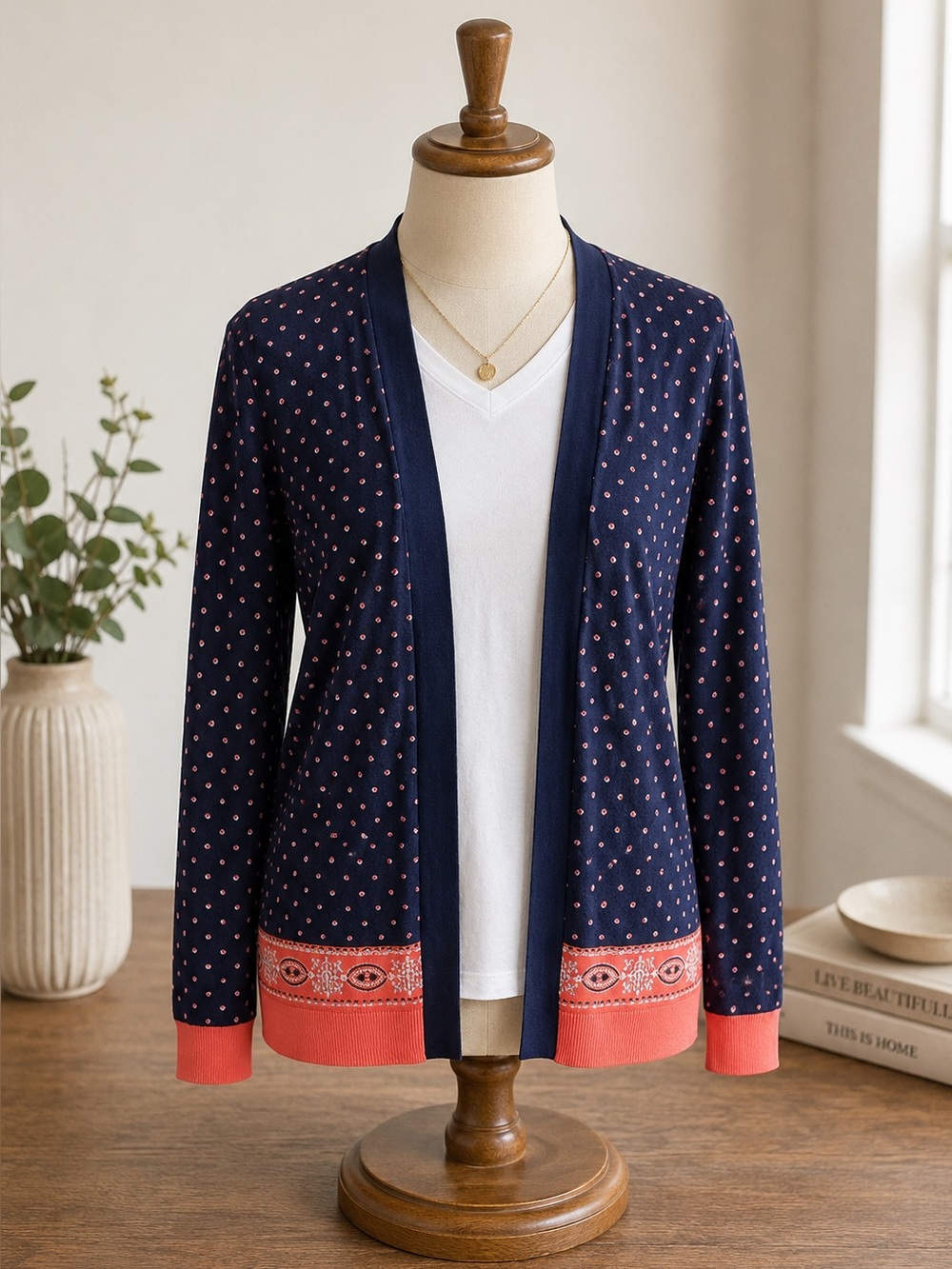 Land’s End Women’s 100% Supima Cotton Ditzy Dot Multimedia‎ Open Front Cardigan